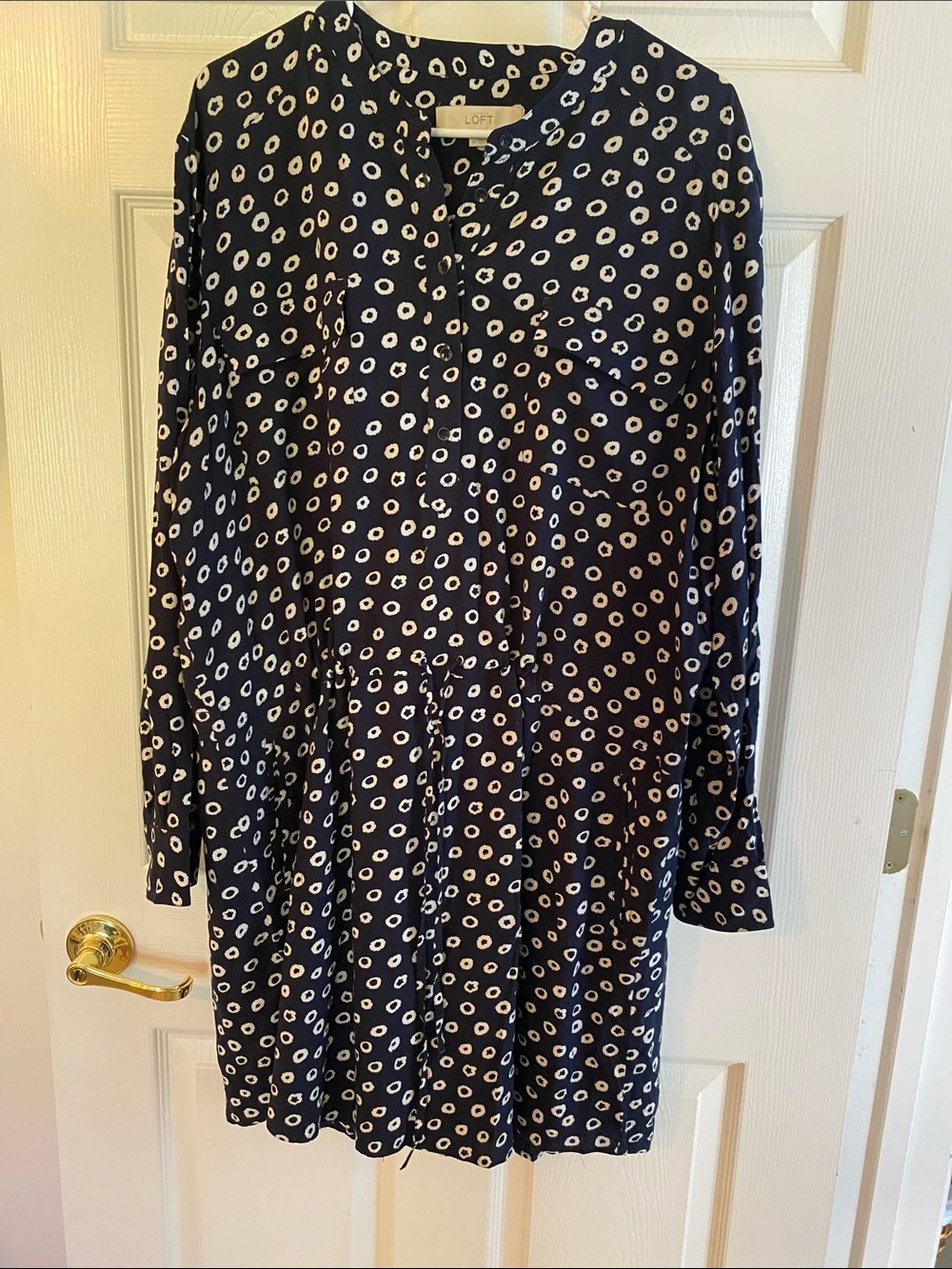 LOFT Navy Dress with White Dot Print - Long Sleeve